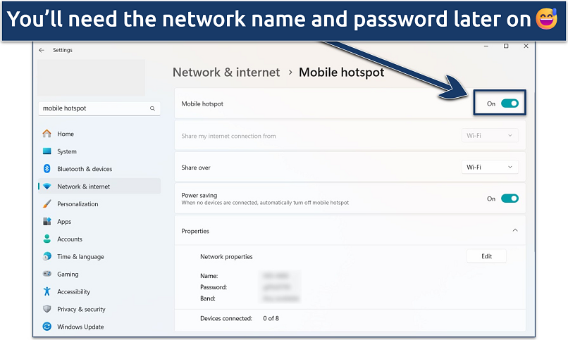 Screenshot of the Mobile Hotspot settings page on Windows 11