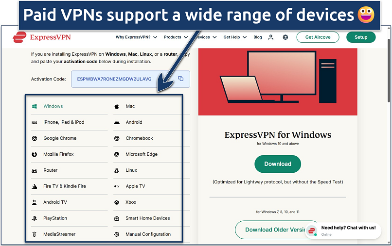 Screenshot of ExpressVPN's website account dashboard with its app download options