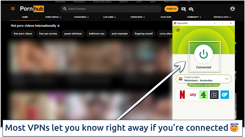 Screenshot of Pornhub website homepage with an active ExpressVPN connection to the Netherlands - Amsterdam server
