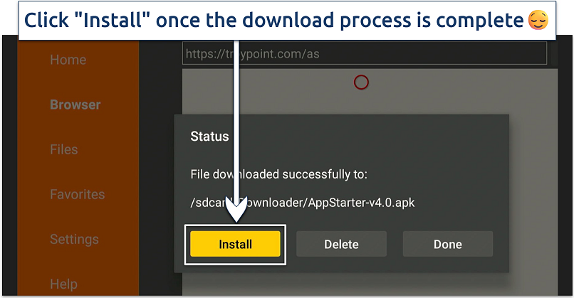 A screenshot showing how to install AppStarter APK file on Firestick