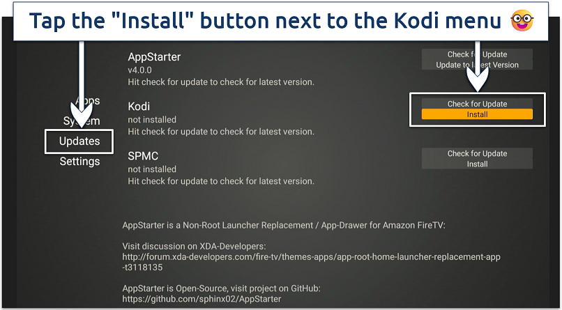 A screenshot showing the AppStarter updates section with the Kodi install/update option