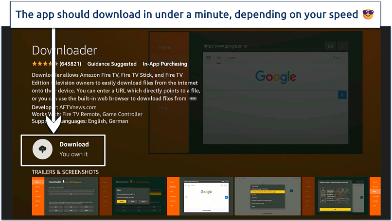A screenshot showing the Downloader app download page