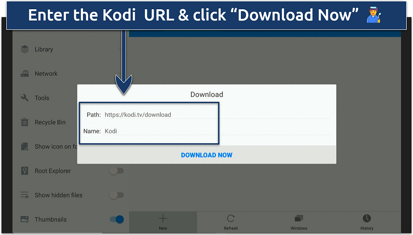 A screenshot showing where to input the Kodi download link on ES File Explorer 