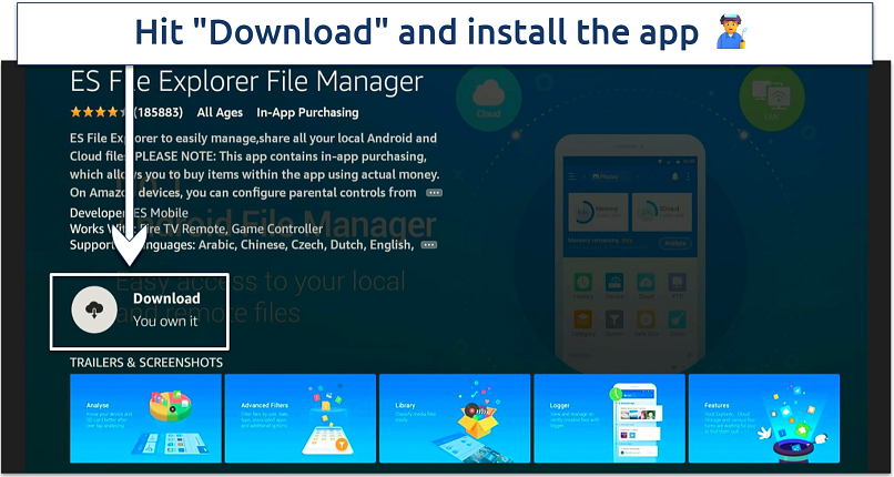 A screenshot showing the ES File Explorer download page on the Appstore