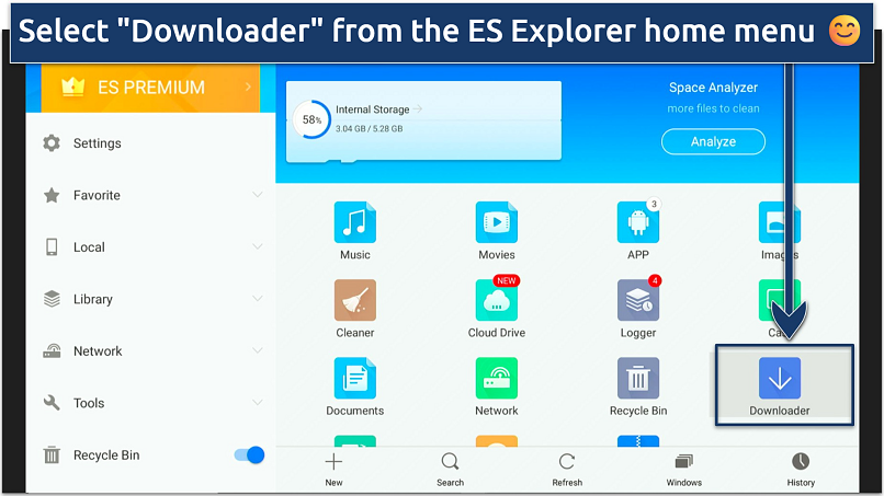 A screenshot showing the ES File Explorer start screen
