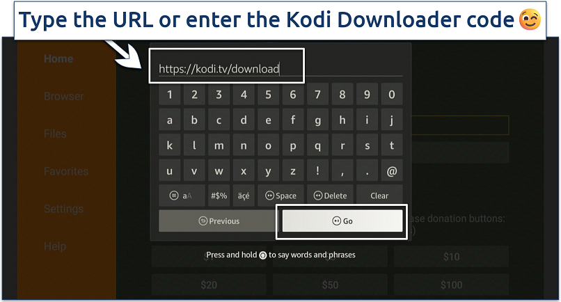 A screenshot showing where to enter Kodi URL on Downloader app