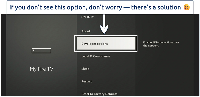 A screenshot showing the Developer options under the My Fire TV tab