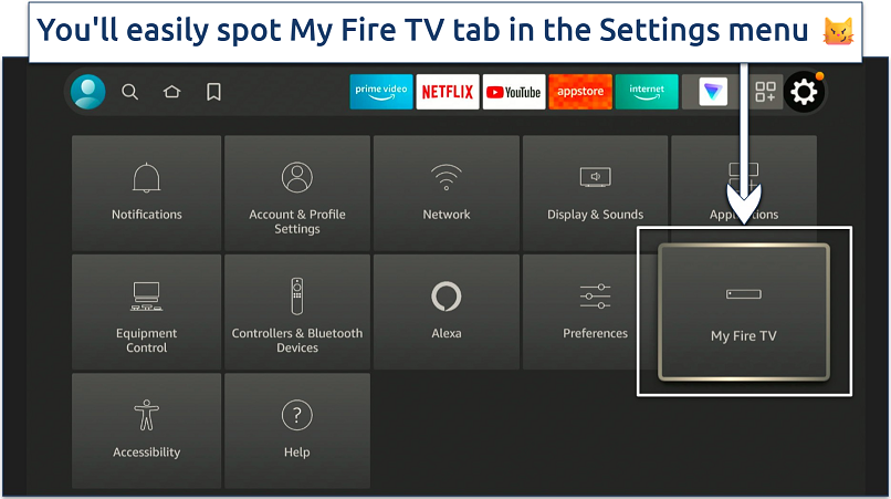 A screenshot highlighting the My Fire TV in the Settings menu
