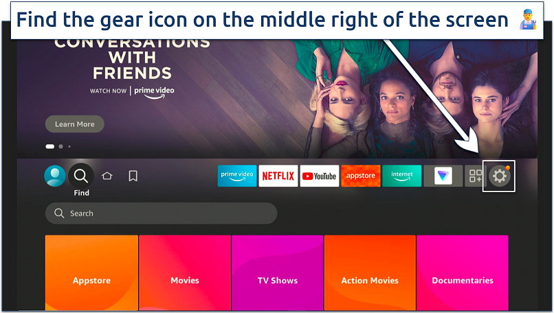 A screenshot showing the gear icon on Firestick's home screen