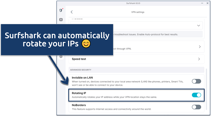 Screenshot of Surfshark's Windows app highlighting where to activate the Rotating IP feature