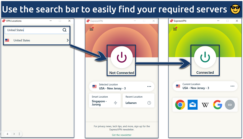 Screenshot of ExpressVPN's app with the United States servers