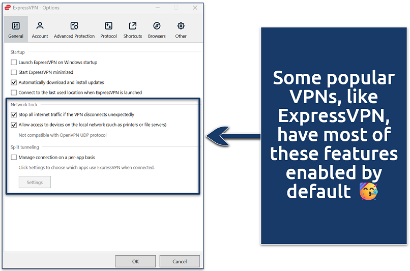 Screenshot of ExpressVPN's Windows app showing security and protocol settings