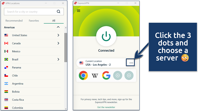 Screenshots of the ExpressVPN app for Windows connected to the USA – Los Angeles server, with the server location menu open