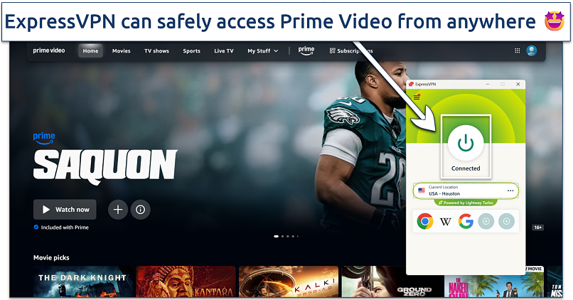 Screenshot of using Amazon Prime Video with ExpressVPN connected