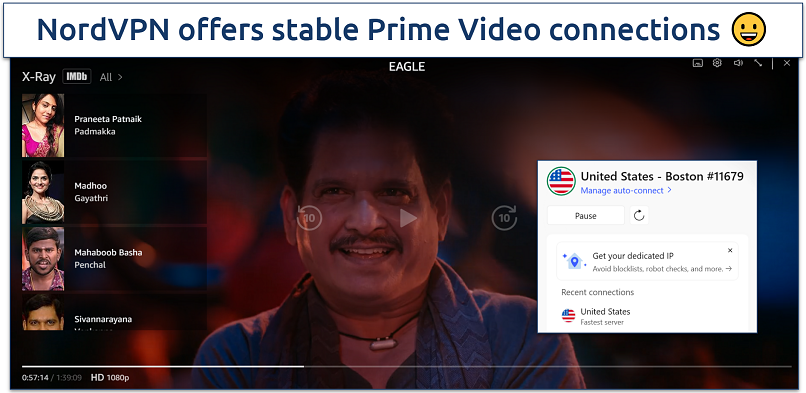 A screenshot of Eagle streaming on Prime Video with NordVPN connected to a Boston server