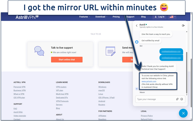 Screenshot of the Astrill VPN homepage with a live chat window open
