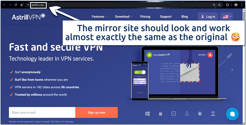 Screenshot of the Astrill VPN mirror site homepage