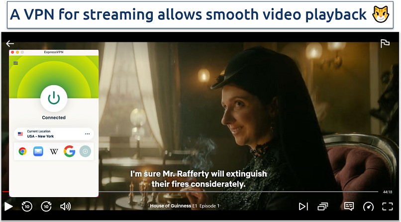 A screenshot showing a Netflix show streaming safely with a VPN connected