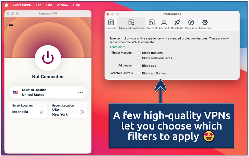 A screenshot of ExpressVPN’s security settings displaying tracking, ad, malware, and parental filters
