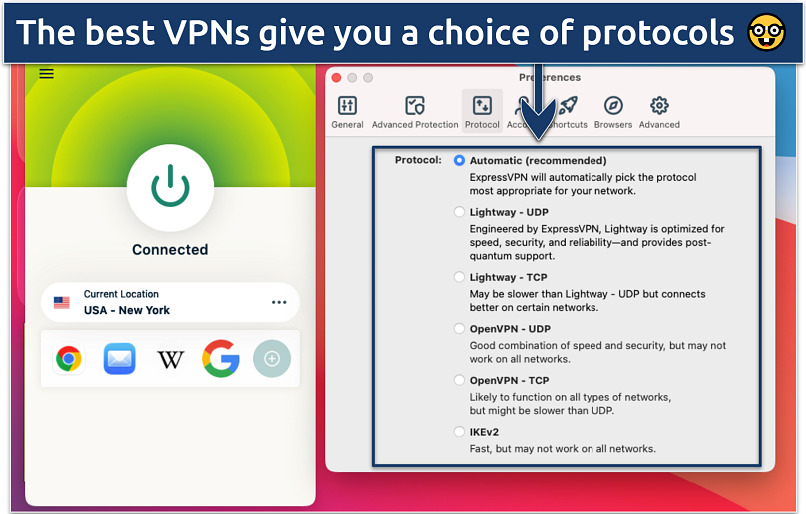 A screenshot of the ExpressVPN connected to a US server, with the protocol selection screen open