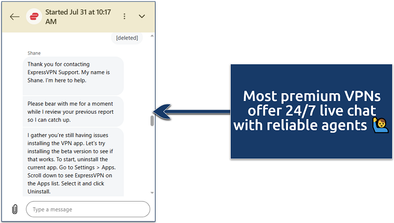 A screenshot showing a live chat session with a VPN representative