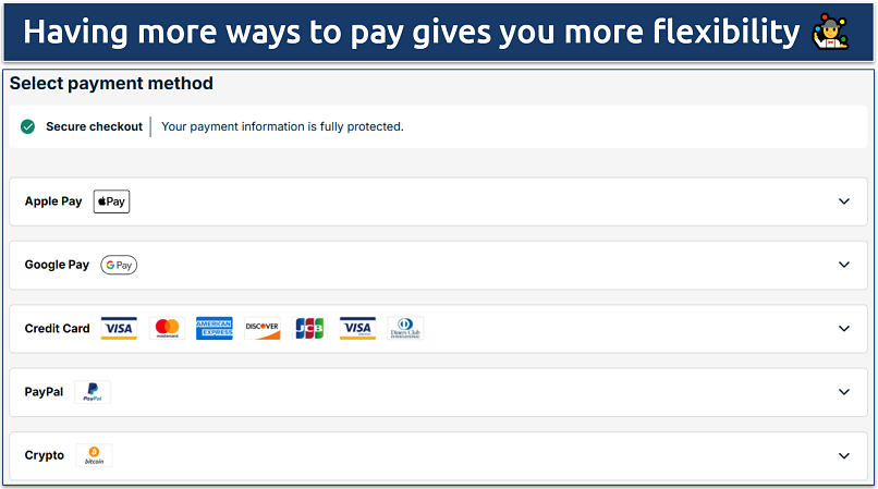 A screenshot showing that some VPNs support multiple payment methods