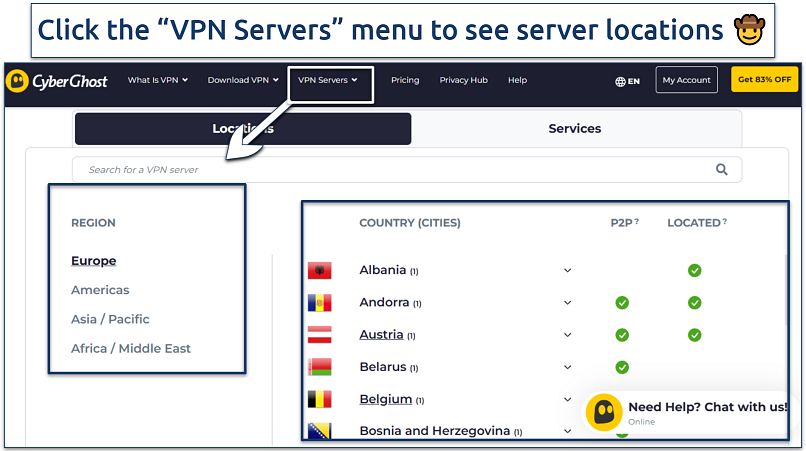 A screenshot showing a list of some VPN servers on a provider’s website