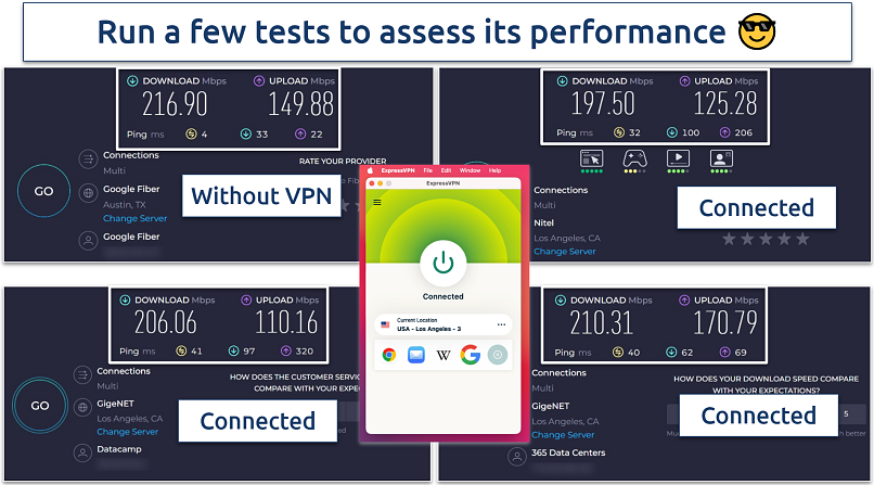 A screenshot of Ookla speed tests done while connected to ExpressVPN's Los Angeles server and with no VPN connected