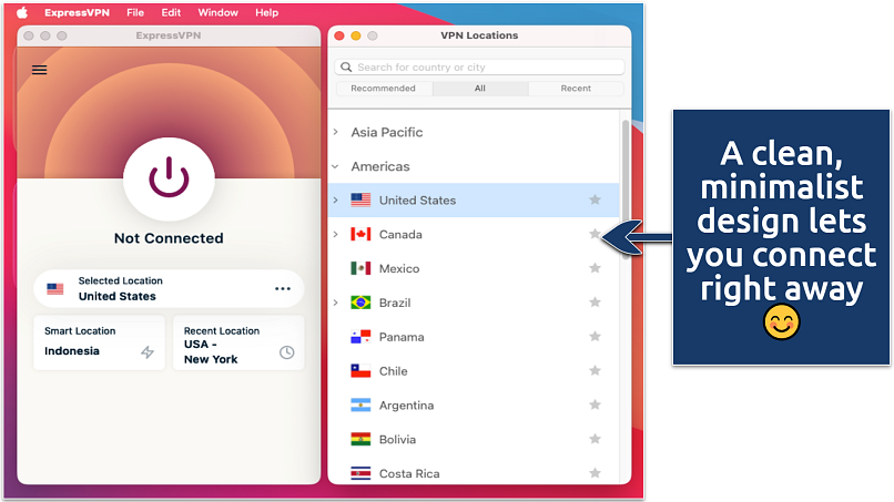 A screenshot showing ExpressVPN’s interface with a list of some available servers