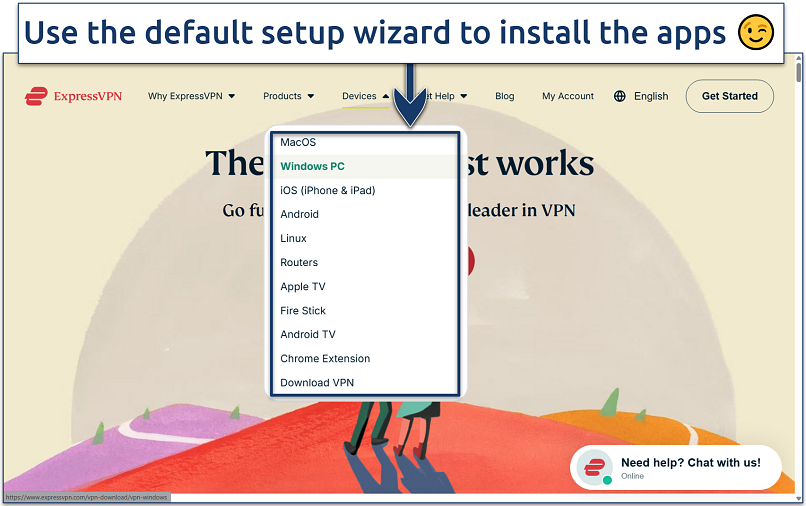 Screenshot of the ExpressVPN website homepage with device dropdown menu