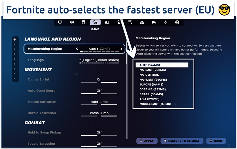 Screenshot of the Fortnite Language and Region menu with its matchmaking regions