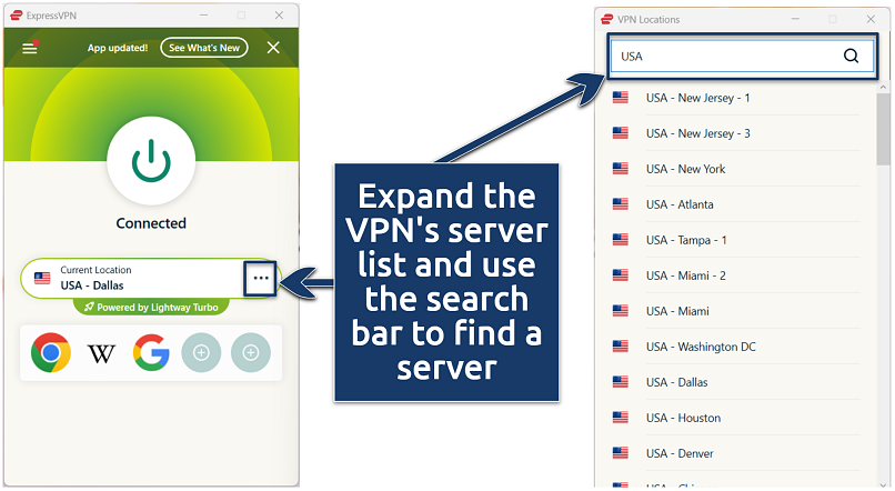 Screenshot of the ExpressVPN Windows app with its server selection process