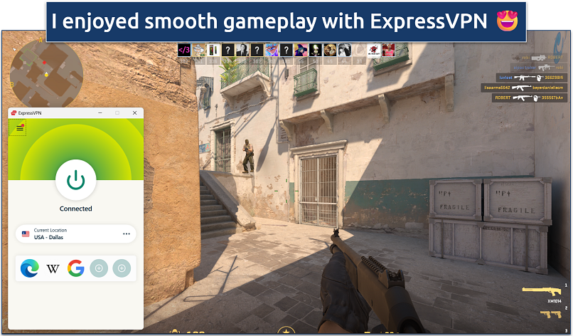 Screenshot of playing Counter-Strike 2 online with a healthy ping while connected to a VPN
