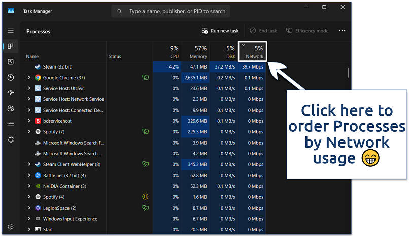 Screenshot of the Windows Task Manager ordered by Network usage