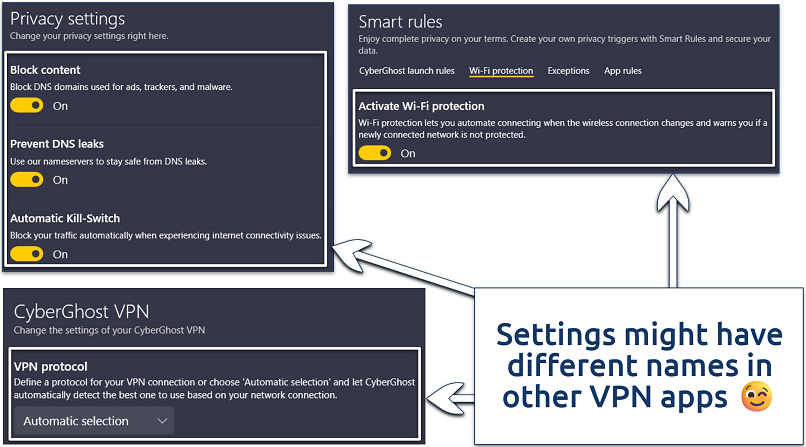 Screenshots of CyberGhost’s Windows app showing its various security-related settings