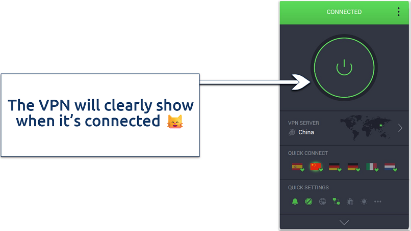 Screenshot of PIA’s Windows app connected to a China server
