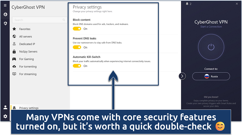 Screenshot showing CyberGhost’s privacy settings on the Windows app