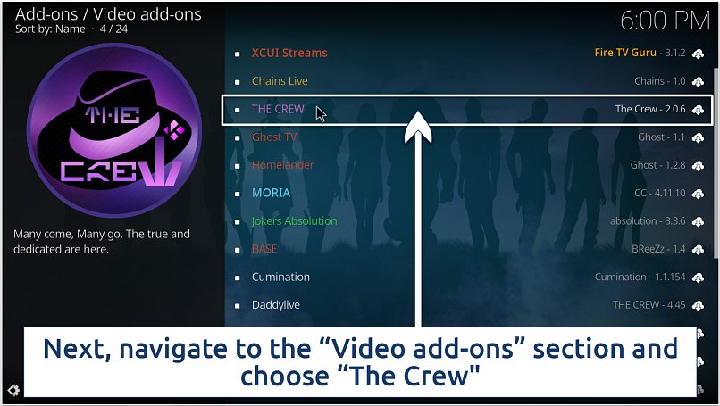 Screenshot of Kodi’s Video addons section inside The Crew Repository