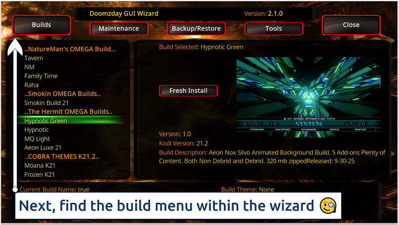 Screenshot showing different build wizards available in the Doomzday repository