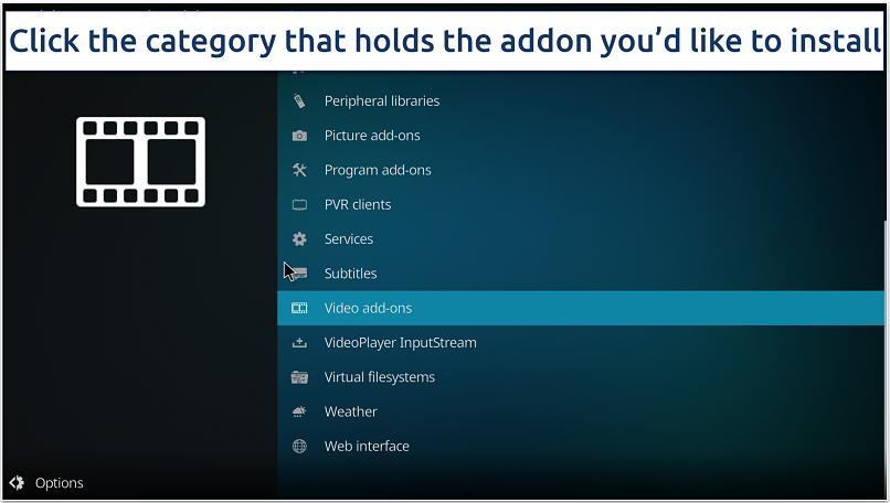 Screenshot showing different addon categories in Kodi’s official repository