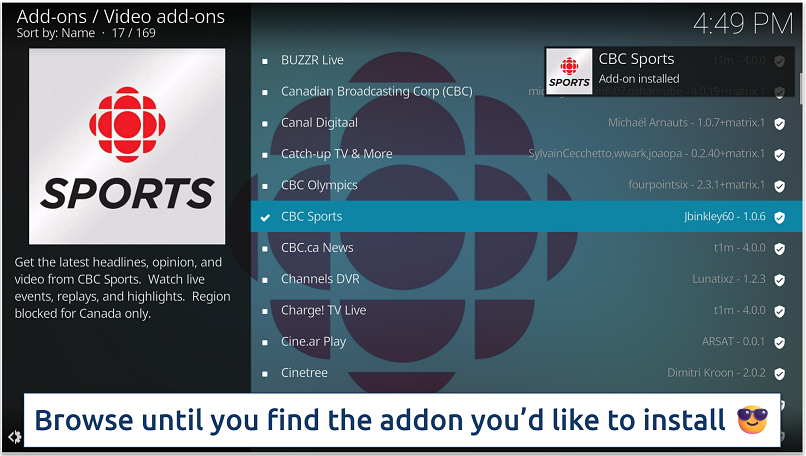 Screenshot of the Video Add-ons section displaying a few official addons
