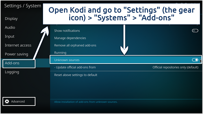Screenshot showing how to enable Unknown Sources in Kodi