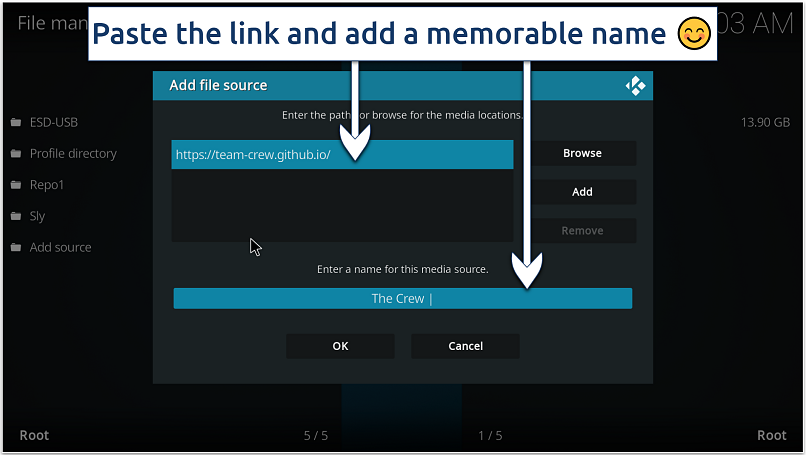 Screenshot showing how to add a file source in Kodi’s File Manager