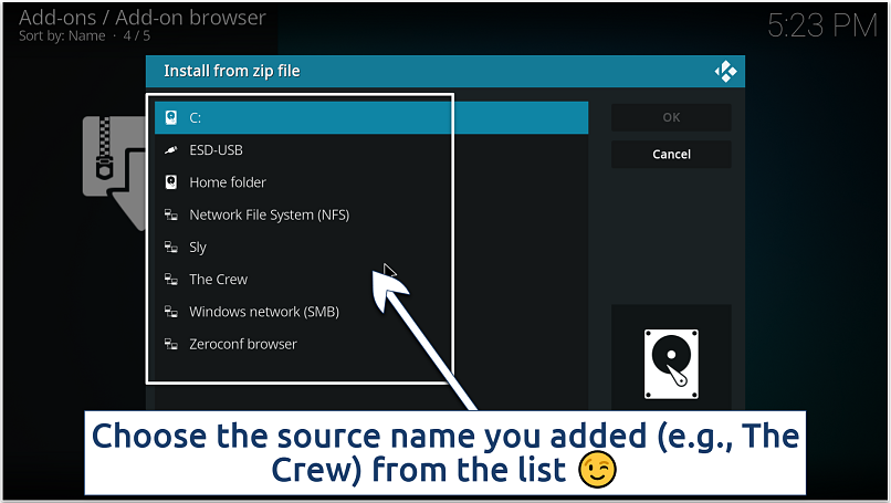 Screenshot showing Kodi’s ‘Install from zip file’ window
