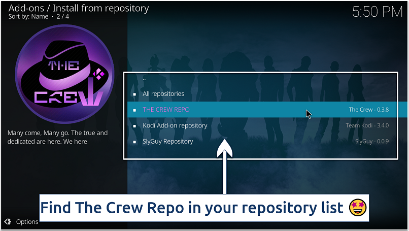 Screenshot showing Kodi’s Install from repository screen