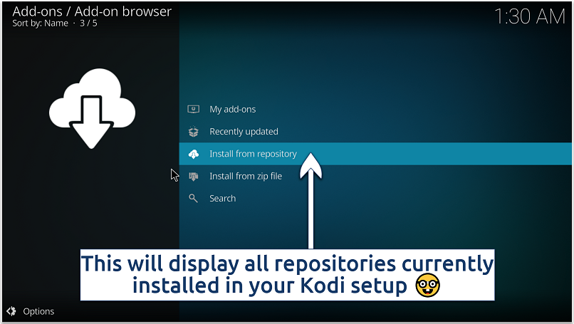 Screenshot showing the “Install from Repository” option in Kodi