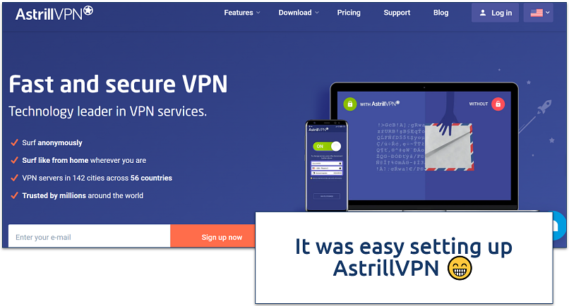 AstrillVPN homepage showcasing its fast and secure VPN