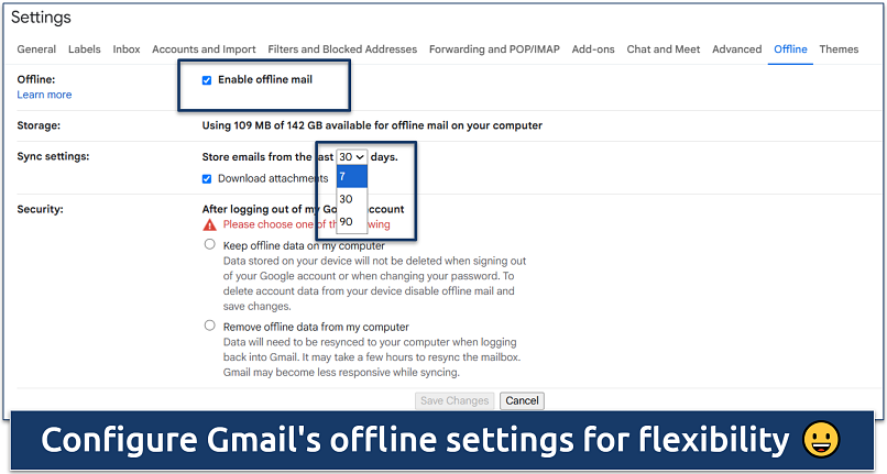 Gmail offline mail settings screen showing the option to enable offline mail and choose how many days of emails to sync