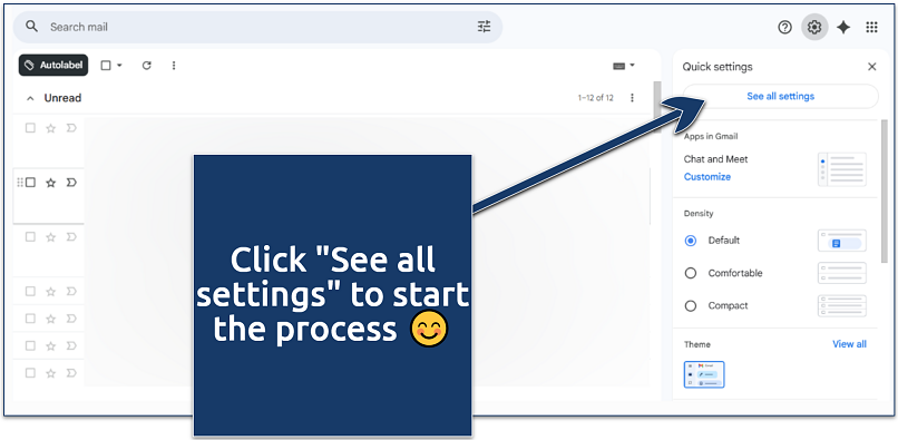 Gmail quick settings panel open with an arrow pointing to the “See all settings” option.