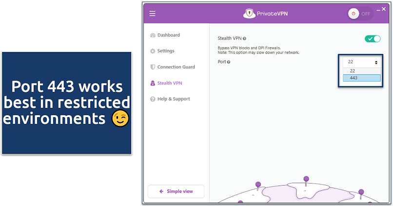 Screenshot of PrivateVPN settings showing the Stealth VPN feature enabled and port selection options
